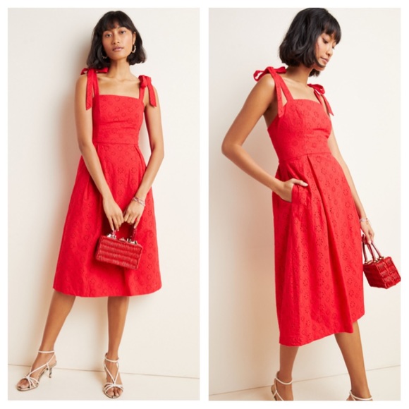 Anthropologie Dresses & Skirts - Anthropologie Red Sz 14 Kari Eyelet Midi Dress NWT